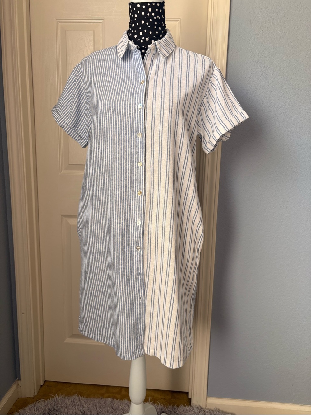 C&C California White Shirt Dress with Blue Stripes & Pockets